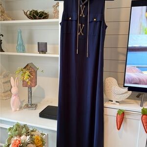 Navy Sleeveless Maxi Dress with Gold Accents